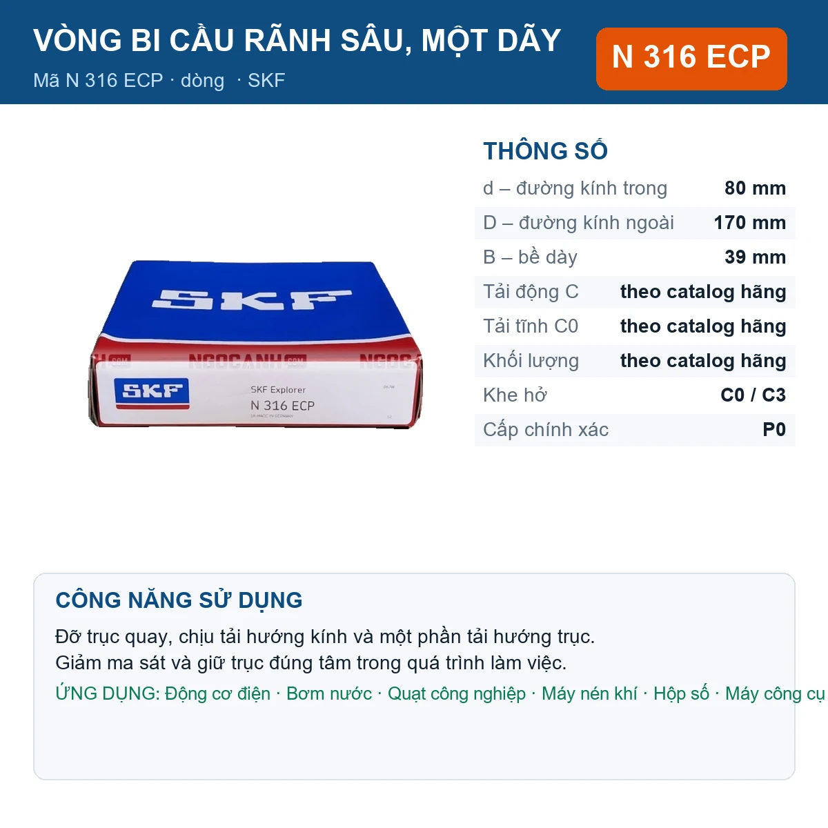 Vòng bi SKF N 316 ECP 80x170x39mm — Ảnh đăng sản phẩm (web)