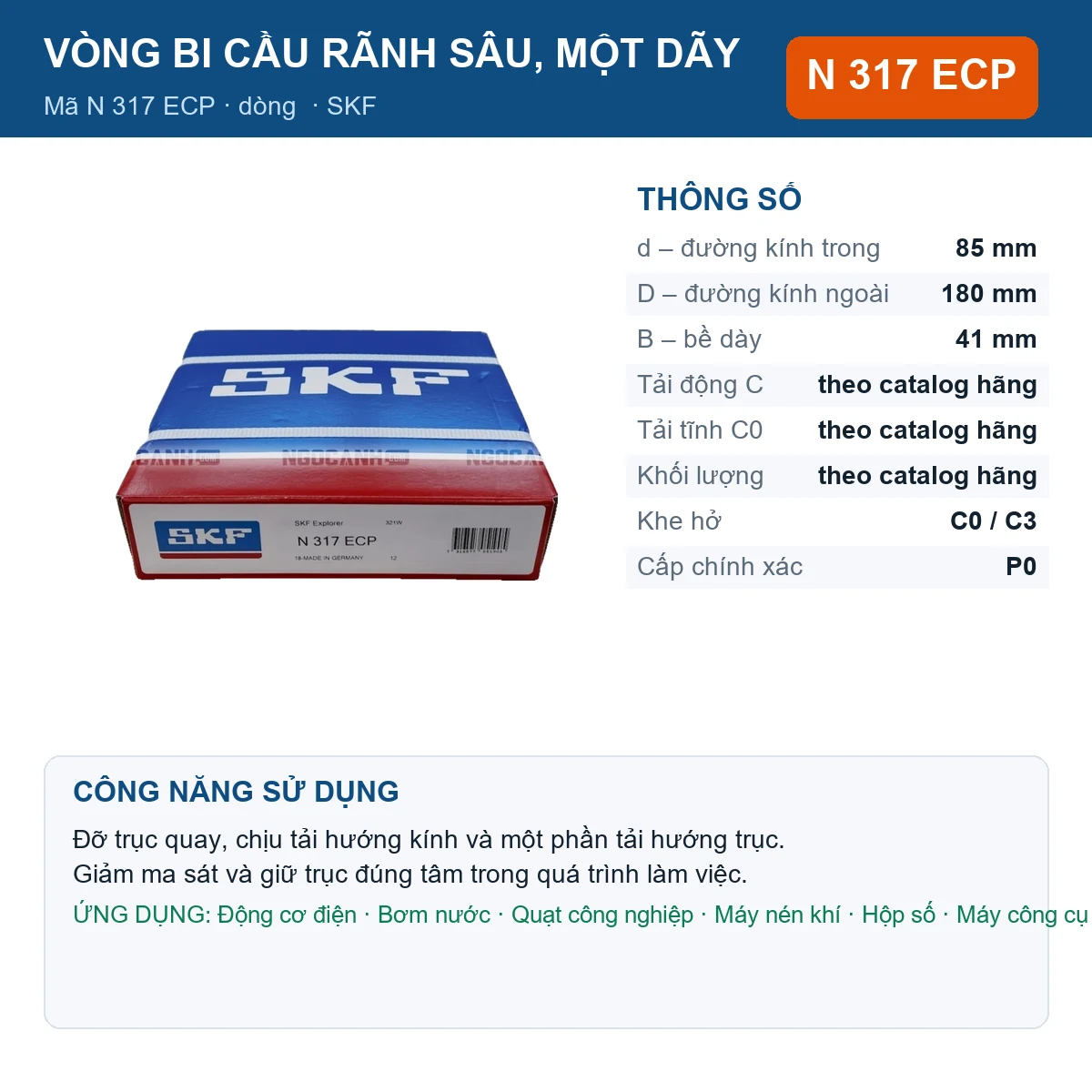 Vòng bi SKF N 317 ECP — kích thước 85x180x41mm