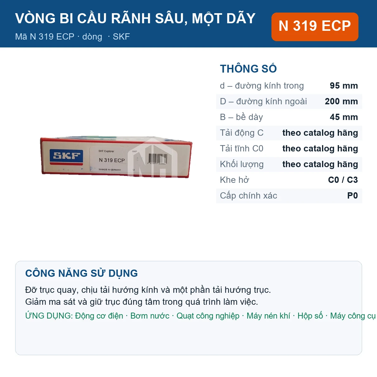 Vòng bi SKF N 319 ECP 95x200x45mm — Ảnh đăng sản phẩm (web)