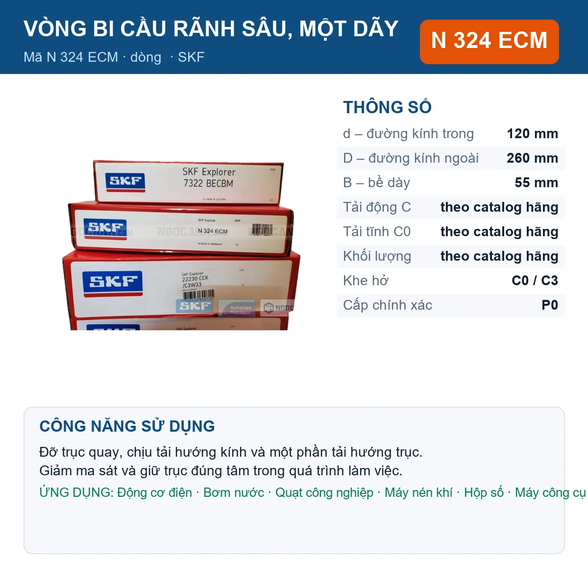 Vòng bi SKF N 324 ECM — kích thước 120x260x55mm