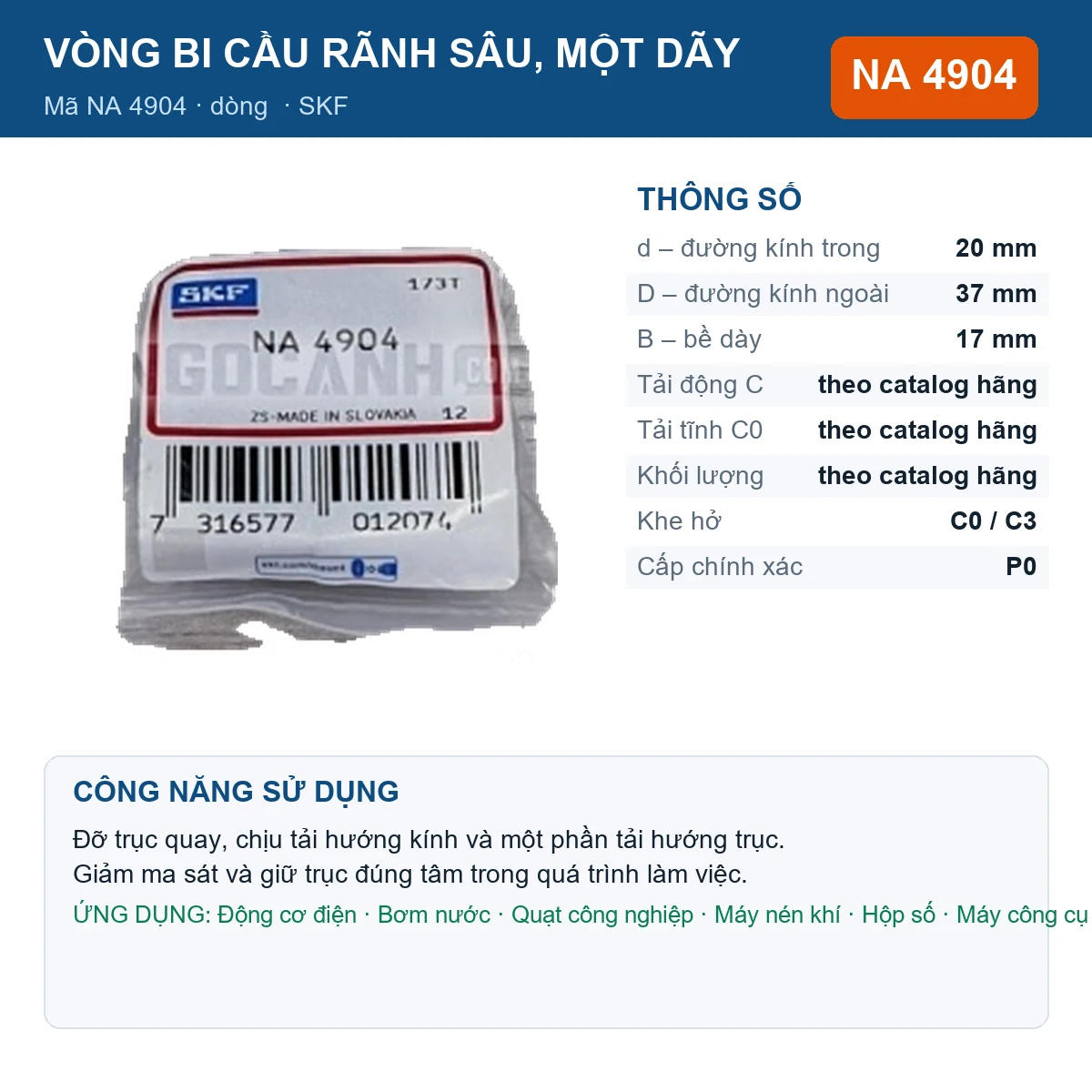Vòng bi SKF NA 4904 — kích thước 20x37x17mm