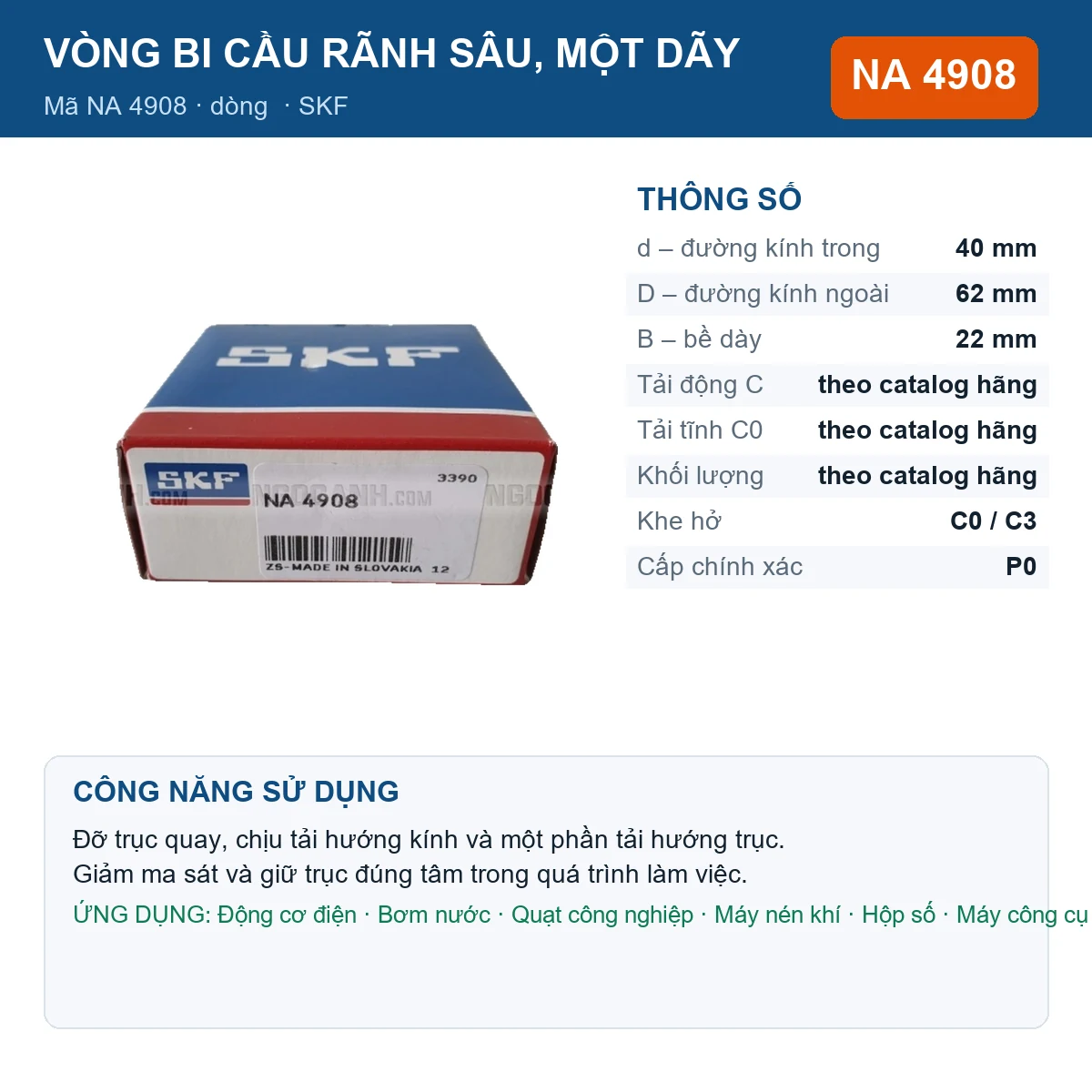 Vòng bi SKF NA 4908 — kích thước 40x62x22mm