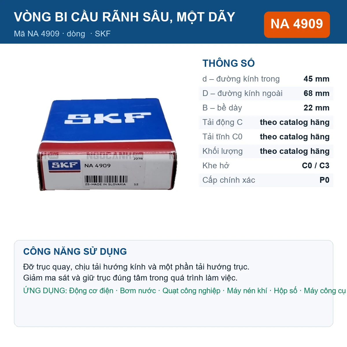 Vòng bi SKF NA 4909 — kích thước 45x68x22mm