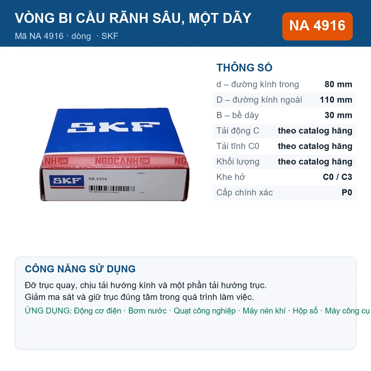 Vòng bi SKF NA 4916 — kích thước 80x110x30mm
