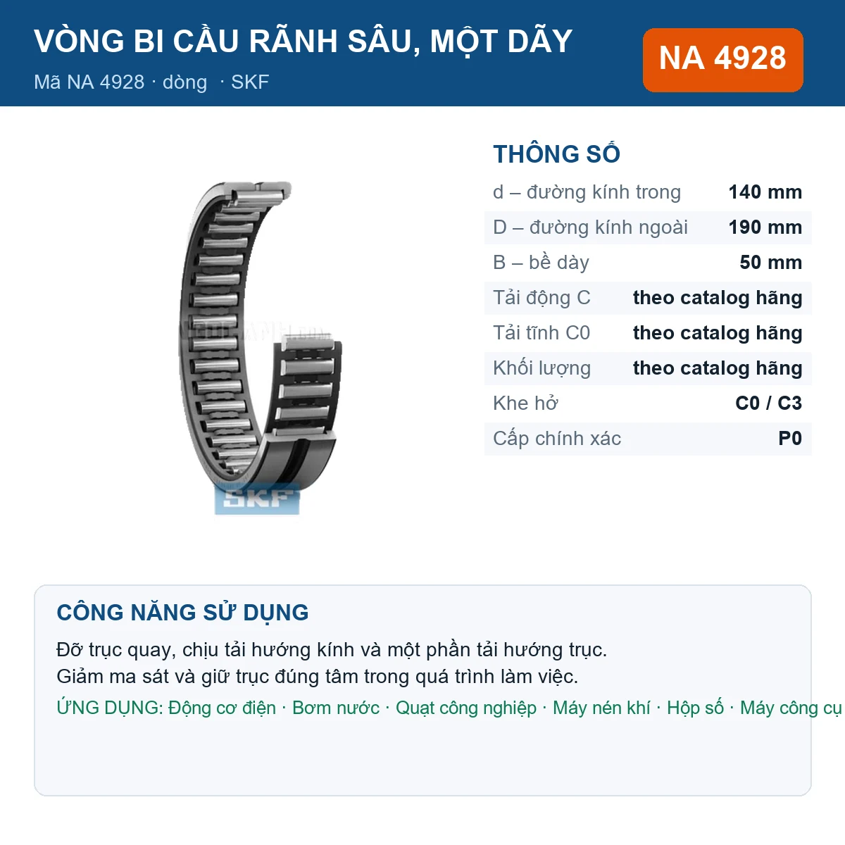 Vòng bi SKF NA 4928 — kích thước 140x190x50mm