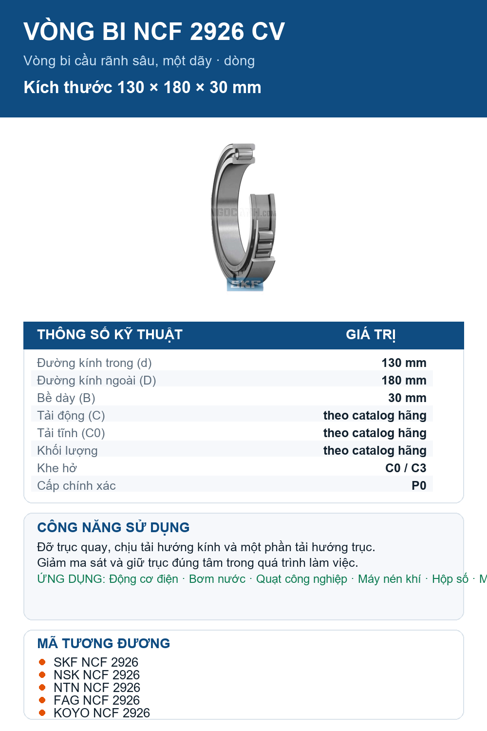 Vòng bi SKF NCF 2926 CV 130x180x30mm — Ảnh thông số (Pinterest)