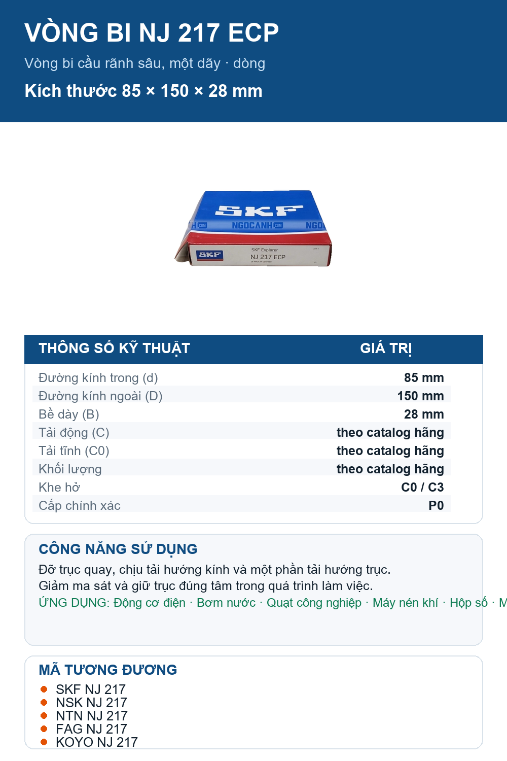 Vòng bi SKF NJ 217 ECP 85x150x28mm — Ảnh thông số (Pinterest)