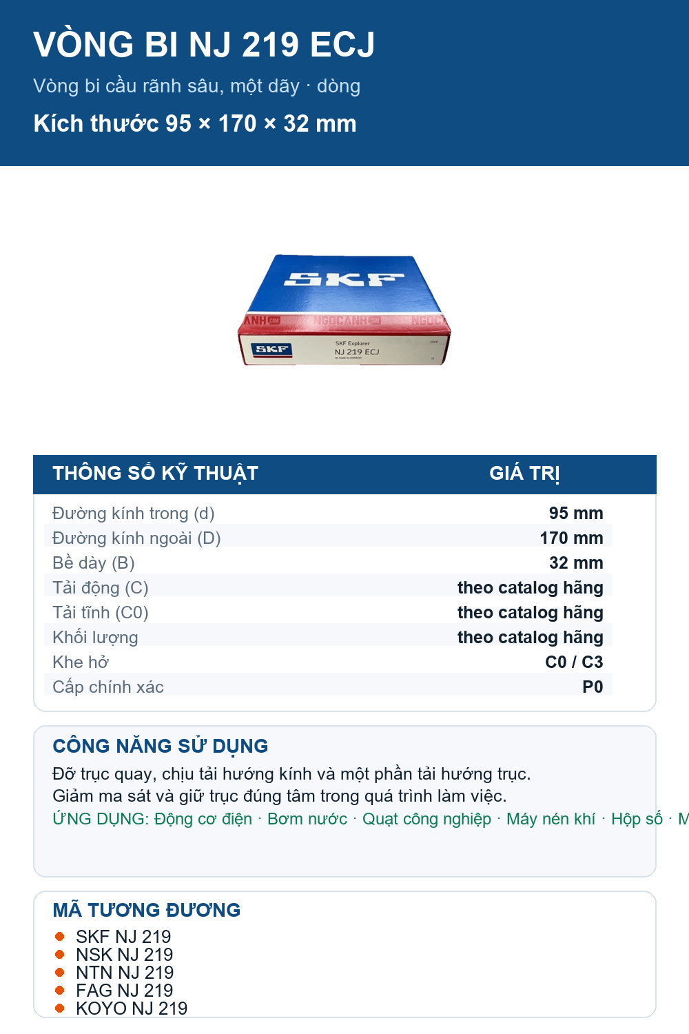 Vòng bi SKF NJ 219 ECJ 95x170x32mm — Ảnh thông số (Pinterest)