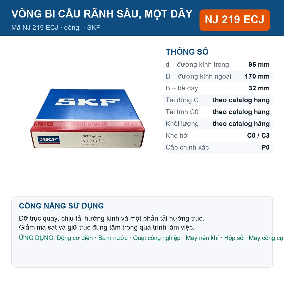 Vòng bi SKF NJ 219 ECJ — kích thước 95x170x32mm