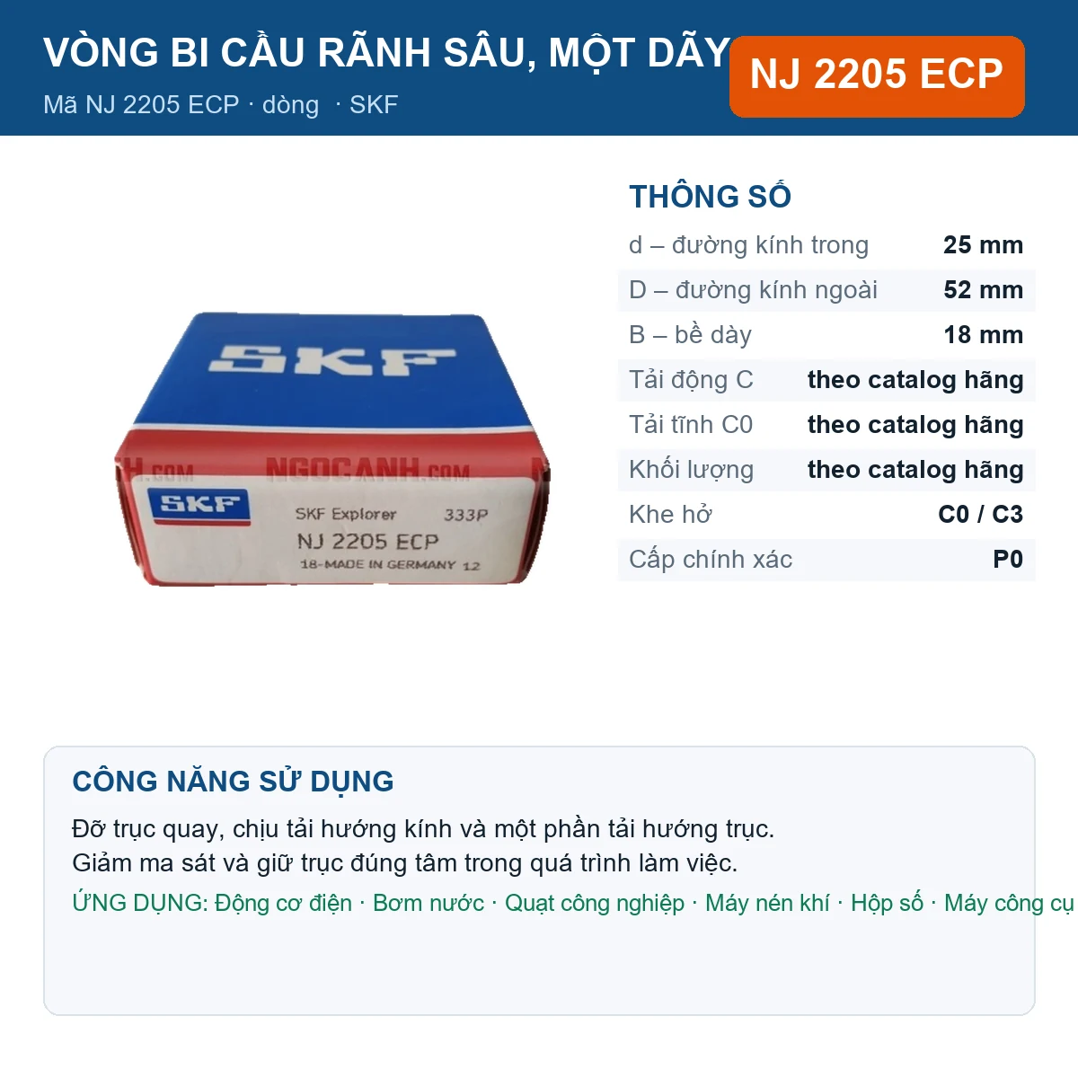 Vòng bi SKF NJ 2205 ECP — kích thước 25x52x18mm