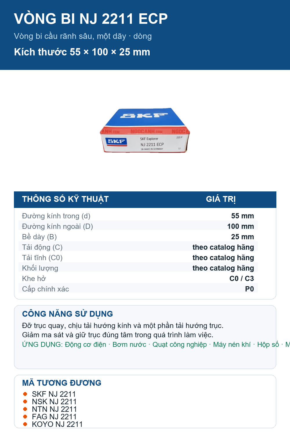 Vòng bi SKF NJ 2211 ECP 55x100x25mm — Ảnh thông số (Pinterest)