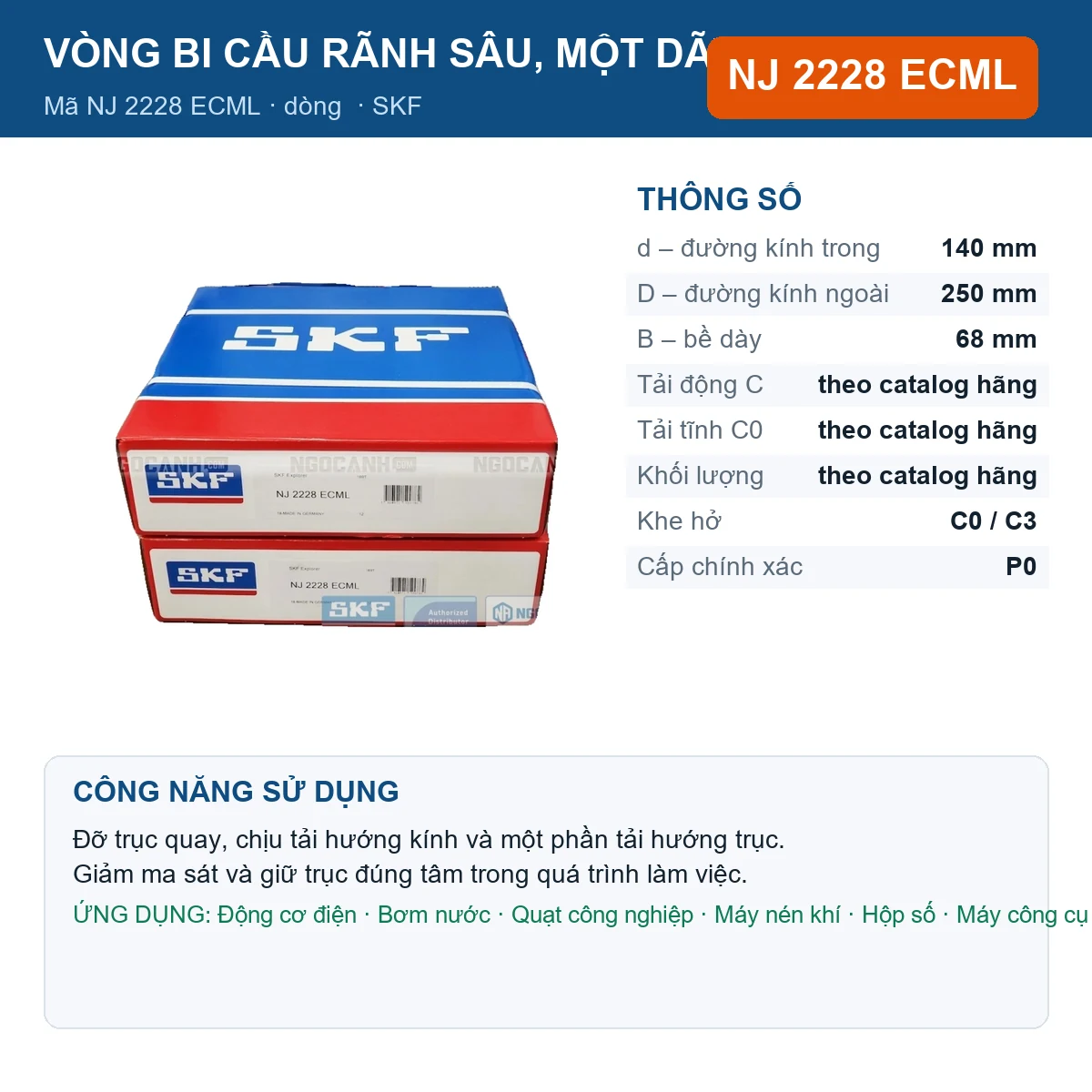 Vòng bi SKF NJ 2228 ECML — kích thước 140x250x68mm