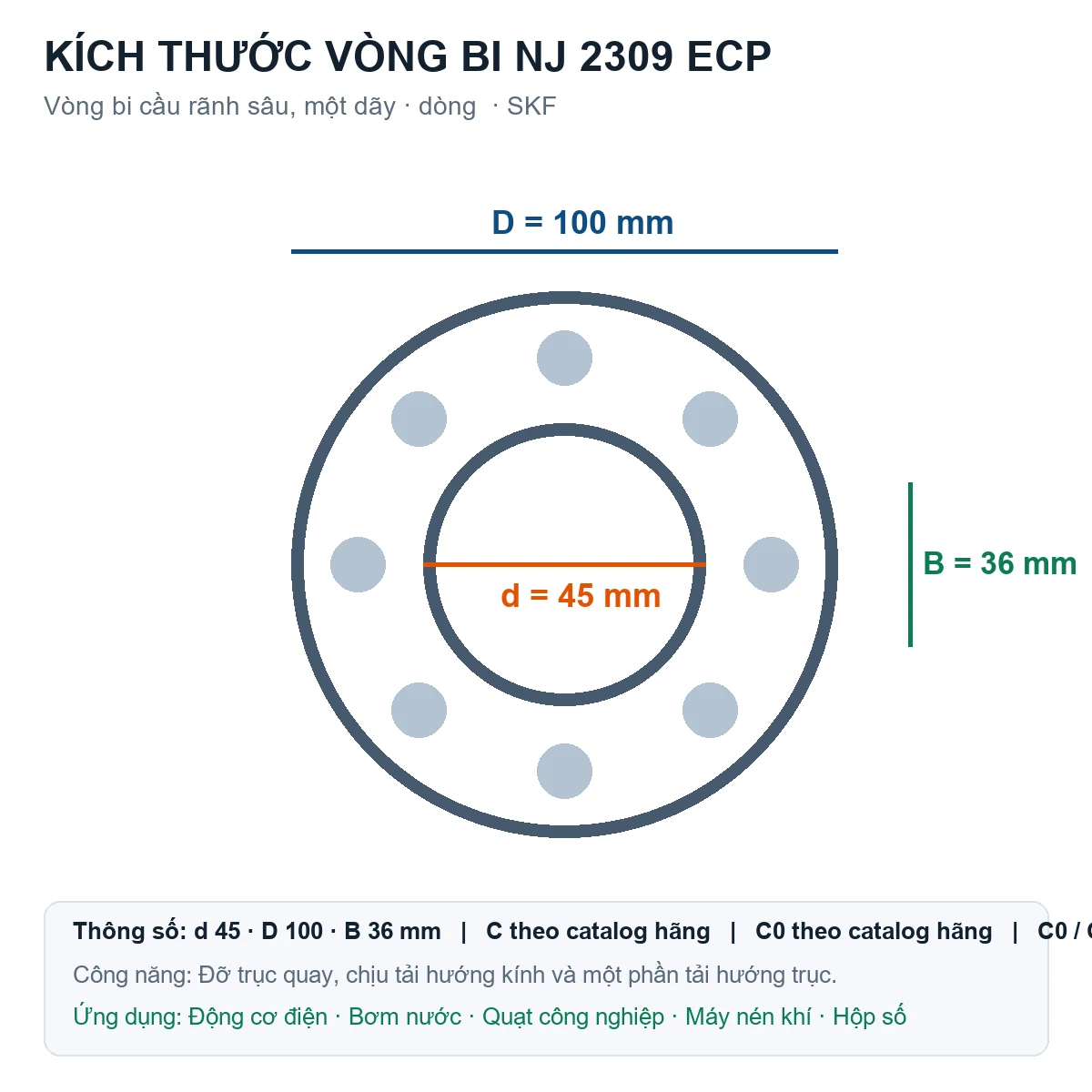 Vòng bi SKF NJ 2309 ECP 45x100x36mm — Bản vẽ kích thước (Google Images)