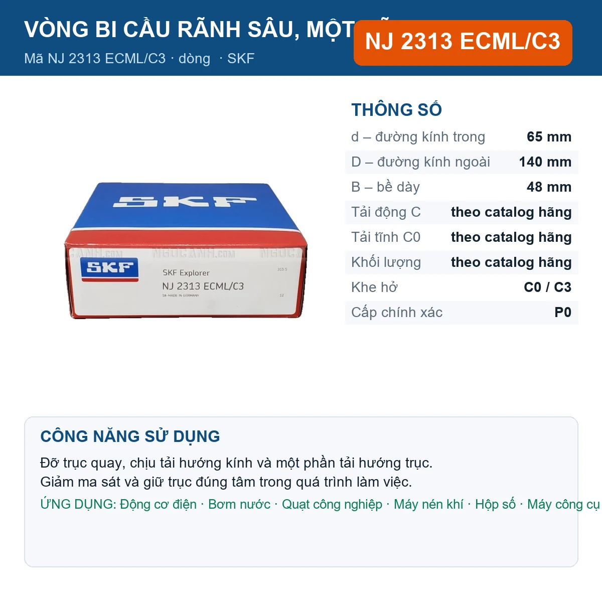 Vòng bi SKF NJ 2313 ECML/C3 — kích thước 65x140x48mm