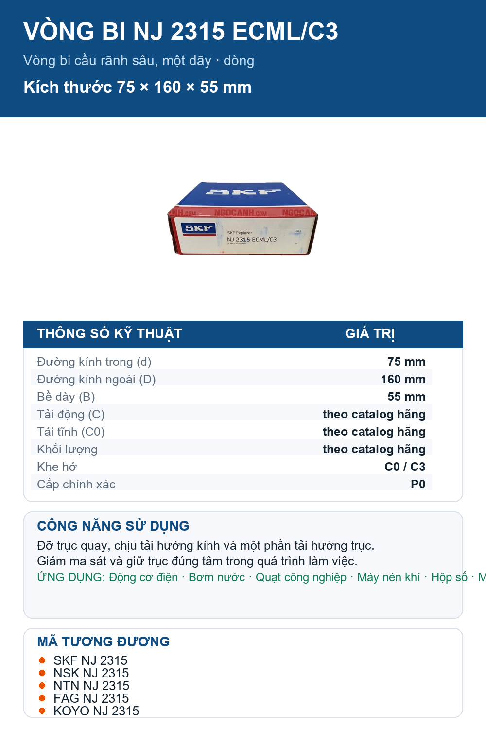Vòng bi SKF NJ 2315 ECML/C3 75x160x55mm — Ảnh thông số (Pinterest)