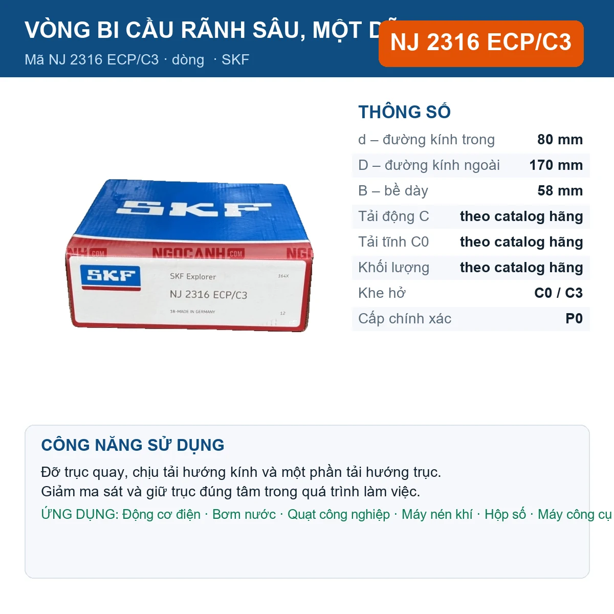 Vòng bi SKF NJ 2316 ECP/C3 — kích thước 80x170x58mm