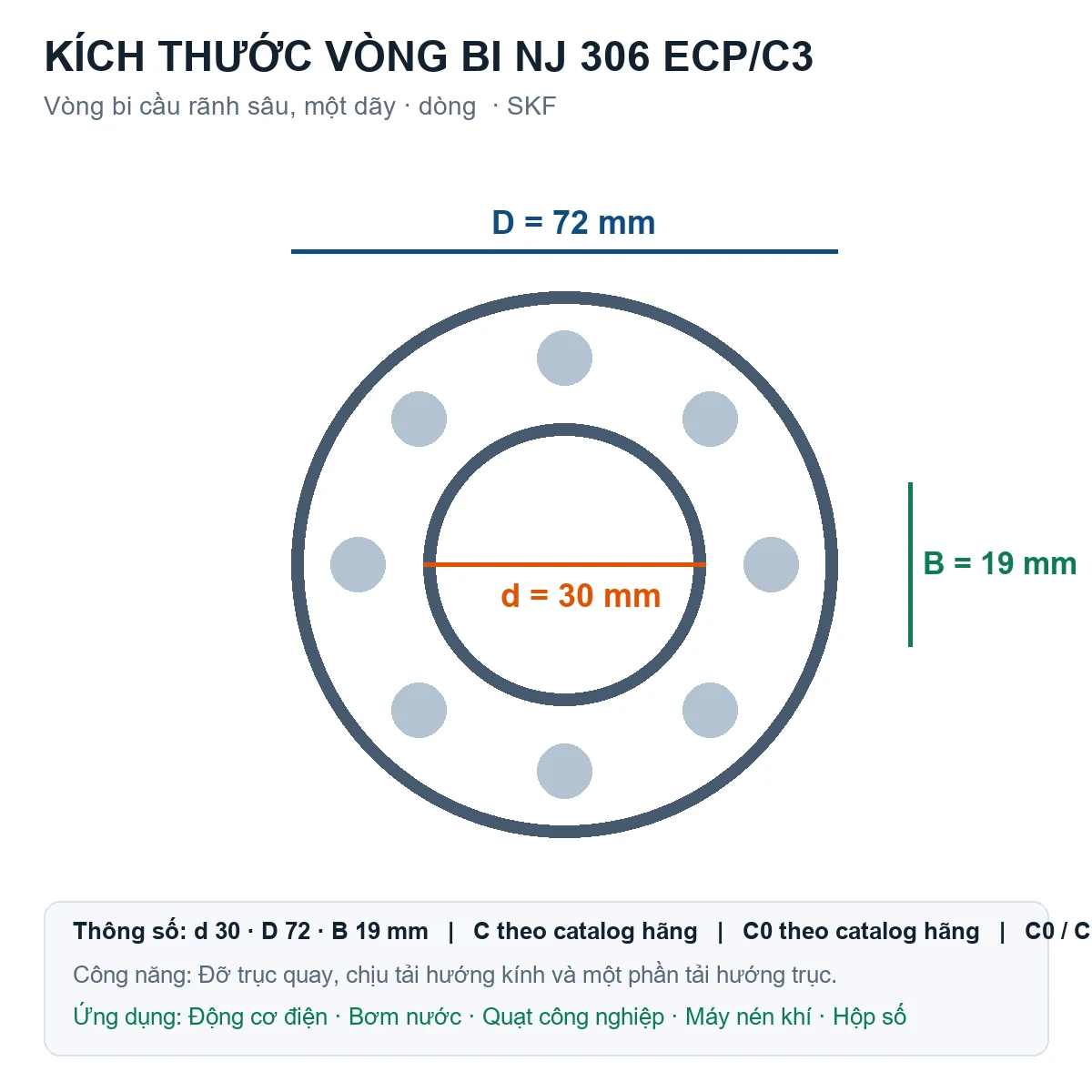 Vòng bi SKF NJ 306 ECP/C3 30x72x19mm — Bản vẽ kích thước (Google Images)