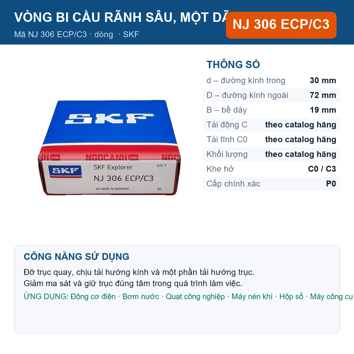 Vòng bi SKF NJ 306 ECP/C3 — kích thước 30x72x19mm