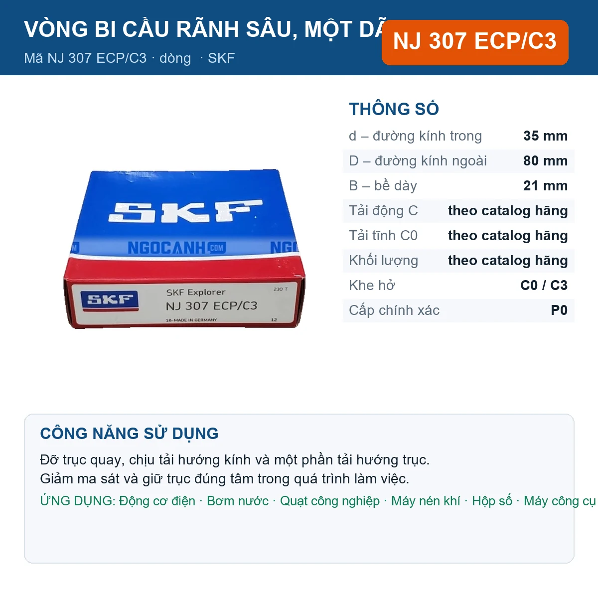 Vòng bi SKF NJ 307 ECP/C3 — kích thước 35x80x21mm