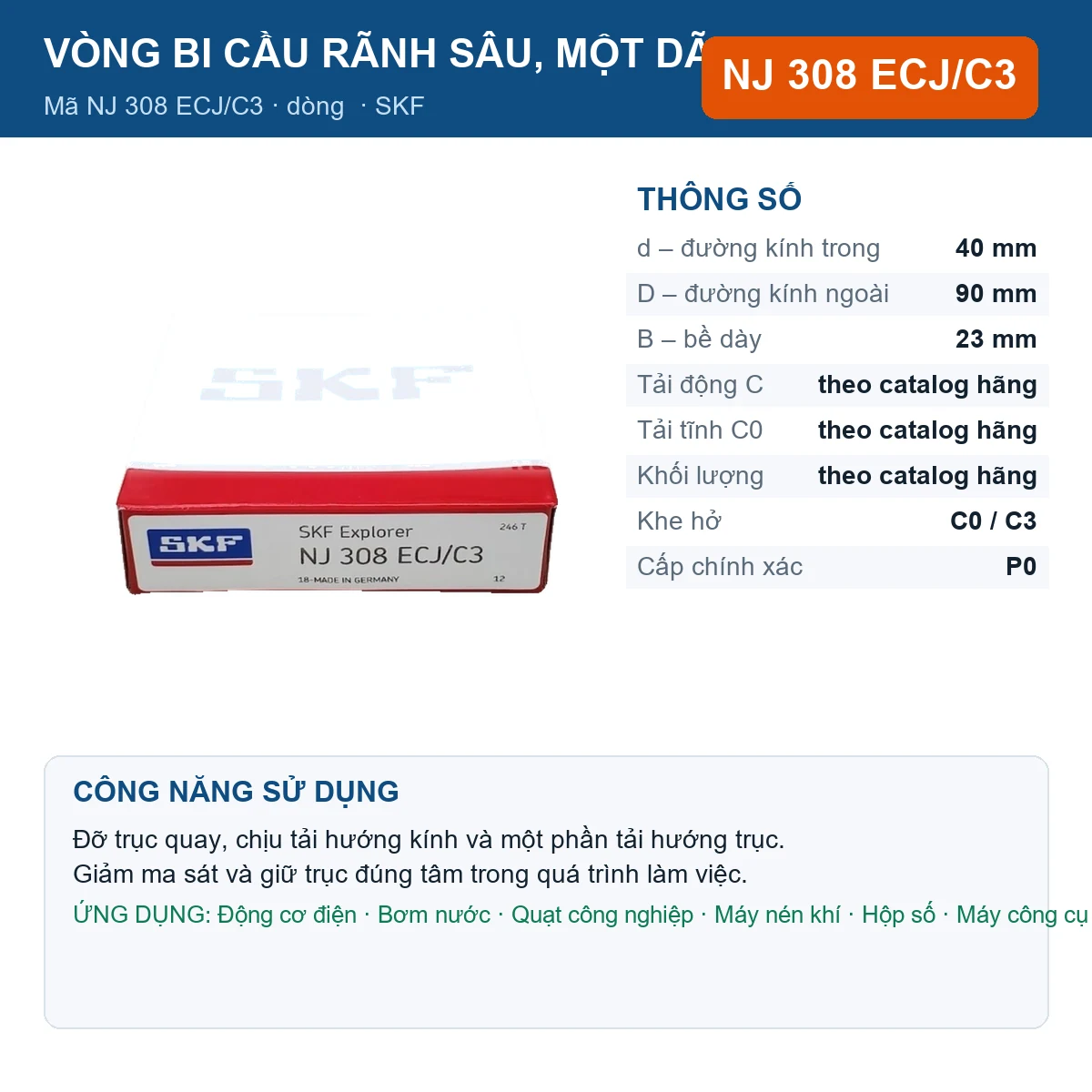 Vòng bi SKF NJ 308 ECJ/C3 — kích thước 40x90x23mm