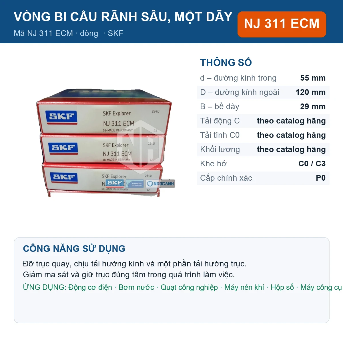 Vòng bi SKF NJ 311 ECM 55x120x29mm — Ảnh đăng sản phẩm (web)