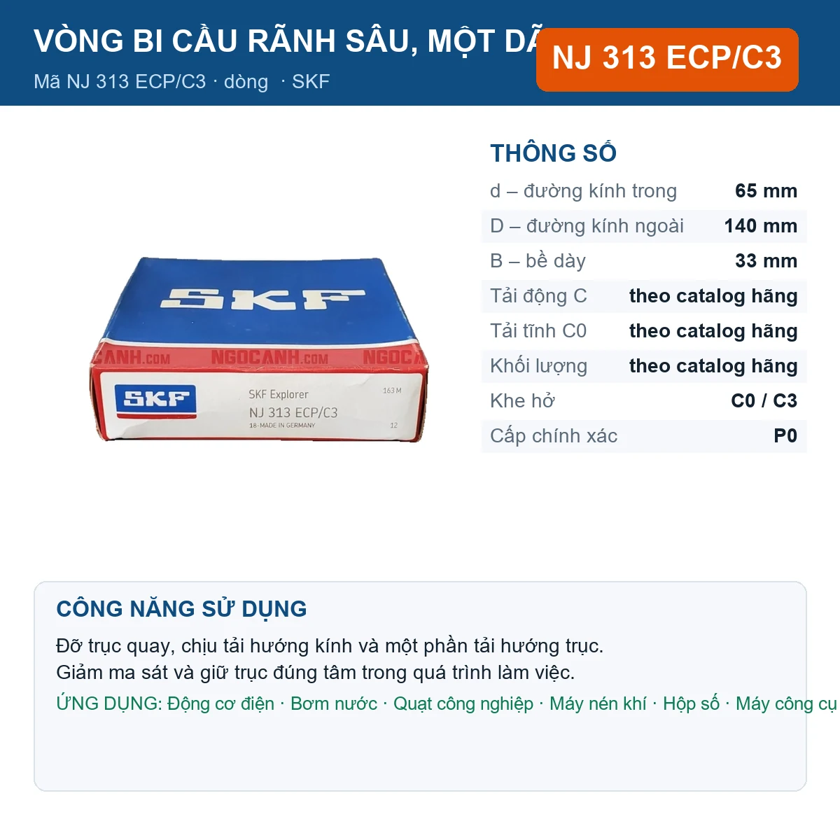 Vòng bi SKF NJ 313 ECP/C3 — kích thước 65x140x33mm