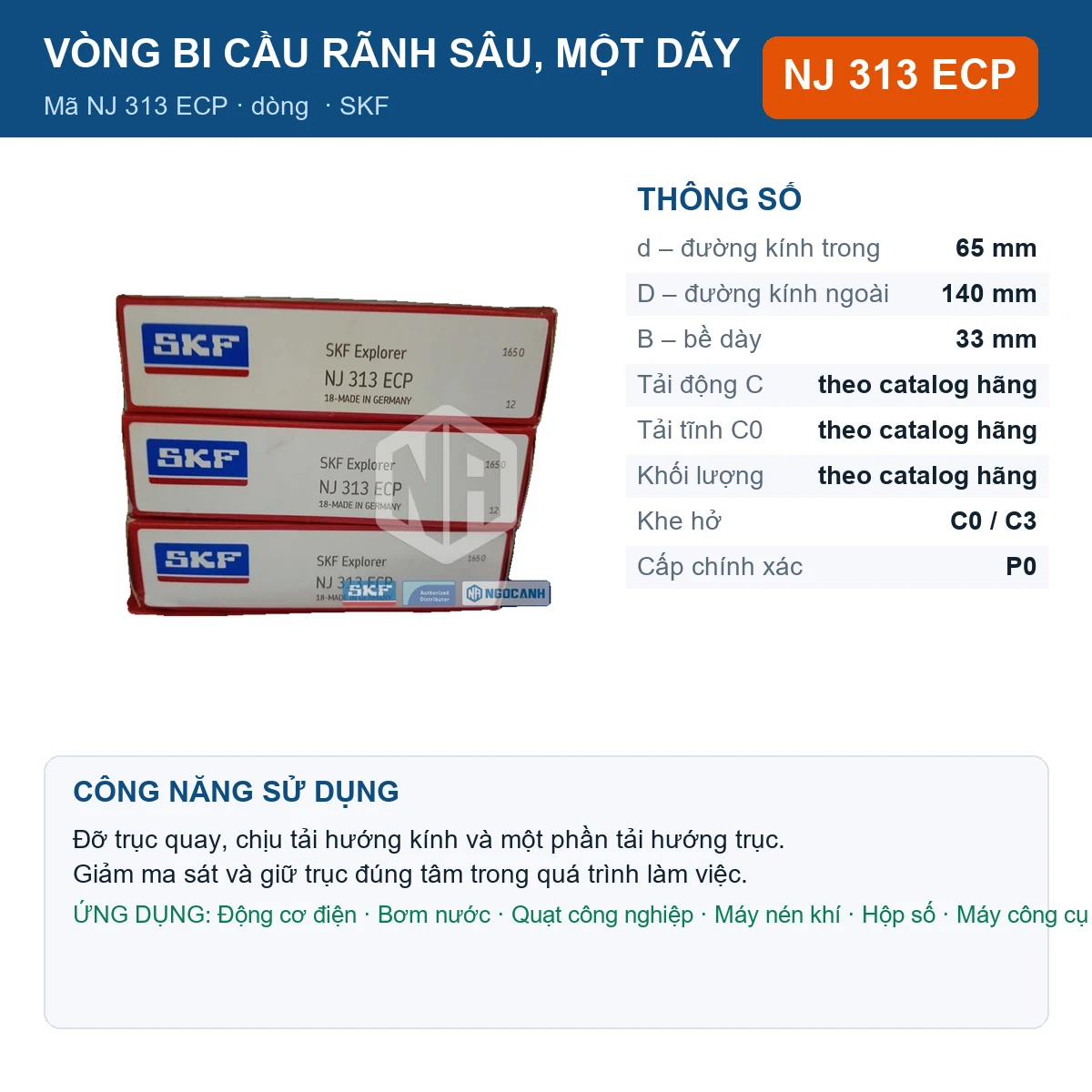 Vòng bi SKF NJ 313 ECP 65x140x33mm — Ảnh đăng sản phẩm (web)