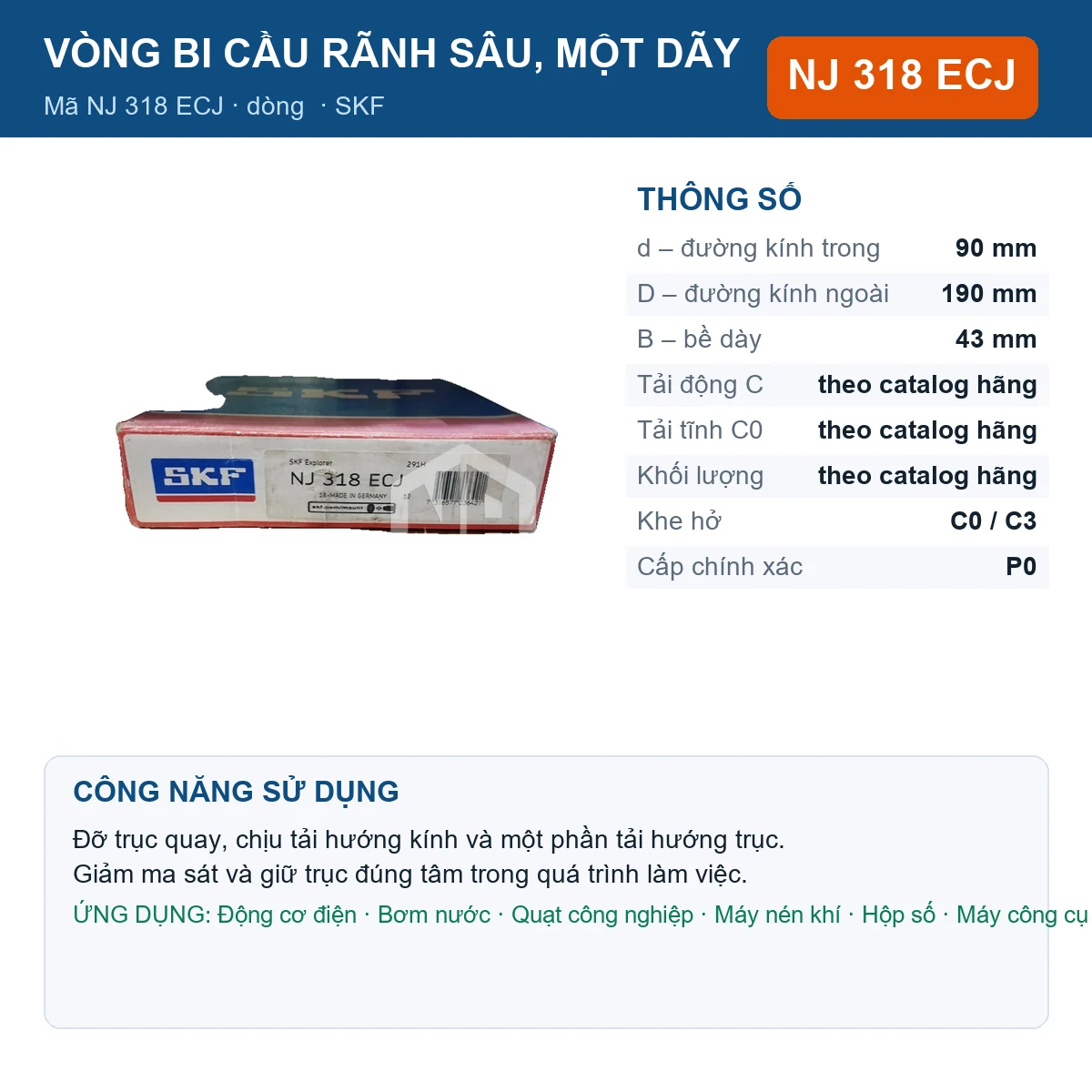 Vòng bi SKF NJ 318 ECJ 90x190x43mm — Ảnh đăng sản phẩm (web)