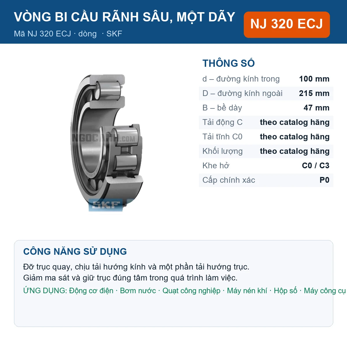 Vòng bi SKF NJ 320 ECJ — kích thước 100x215x47mm