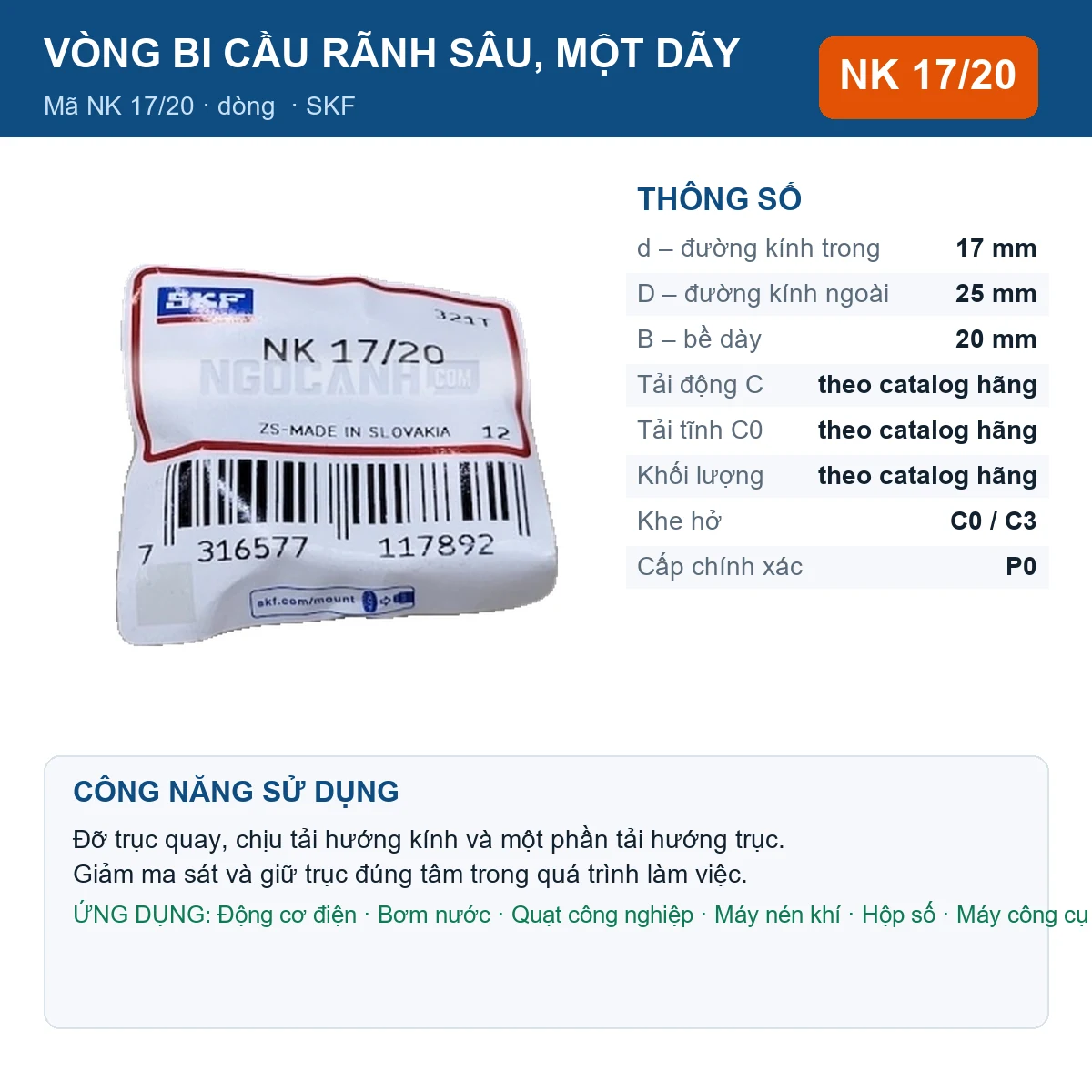 Vòng bi SKF NK 17/20 — kích thước 17x25x20mm
