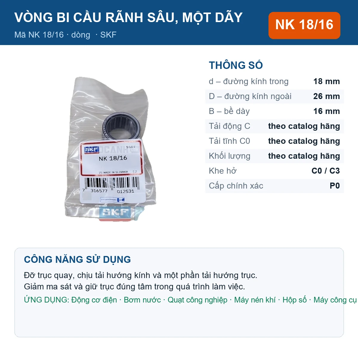 Vòng bi SKF NK 18/16 18x26x16mm — Ảnh đăng sản phẩm (web)