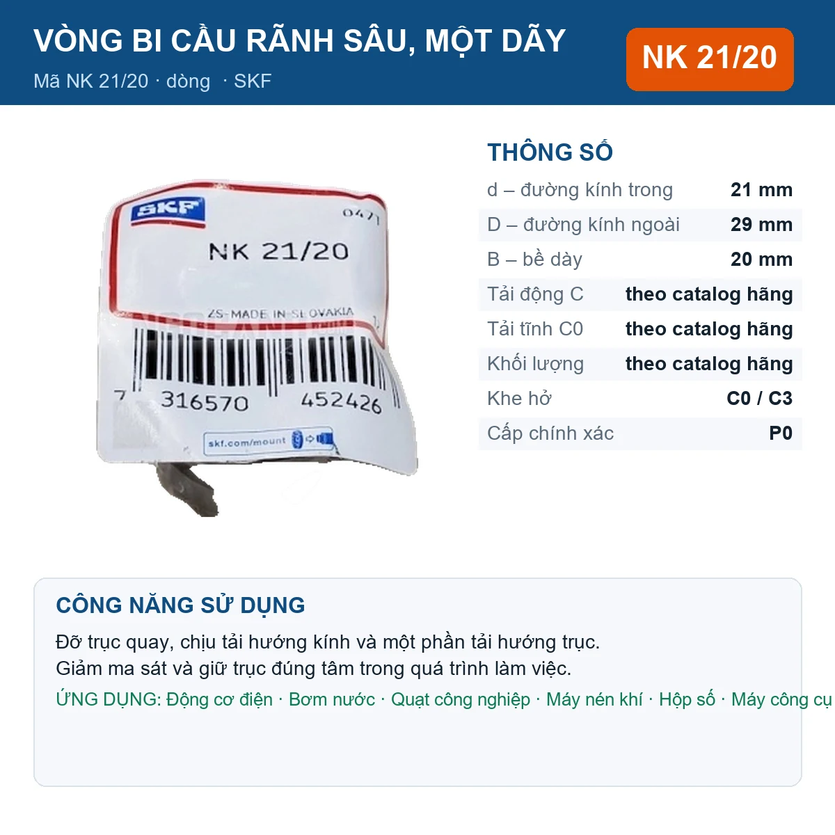 Vòng bi SKF NK 21/20 21x29x20mm — Ảnh đăng sản phẩm (web)