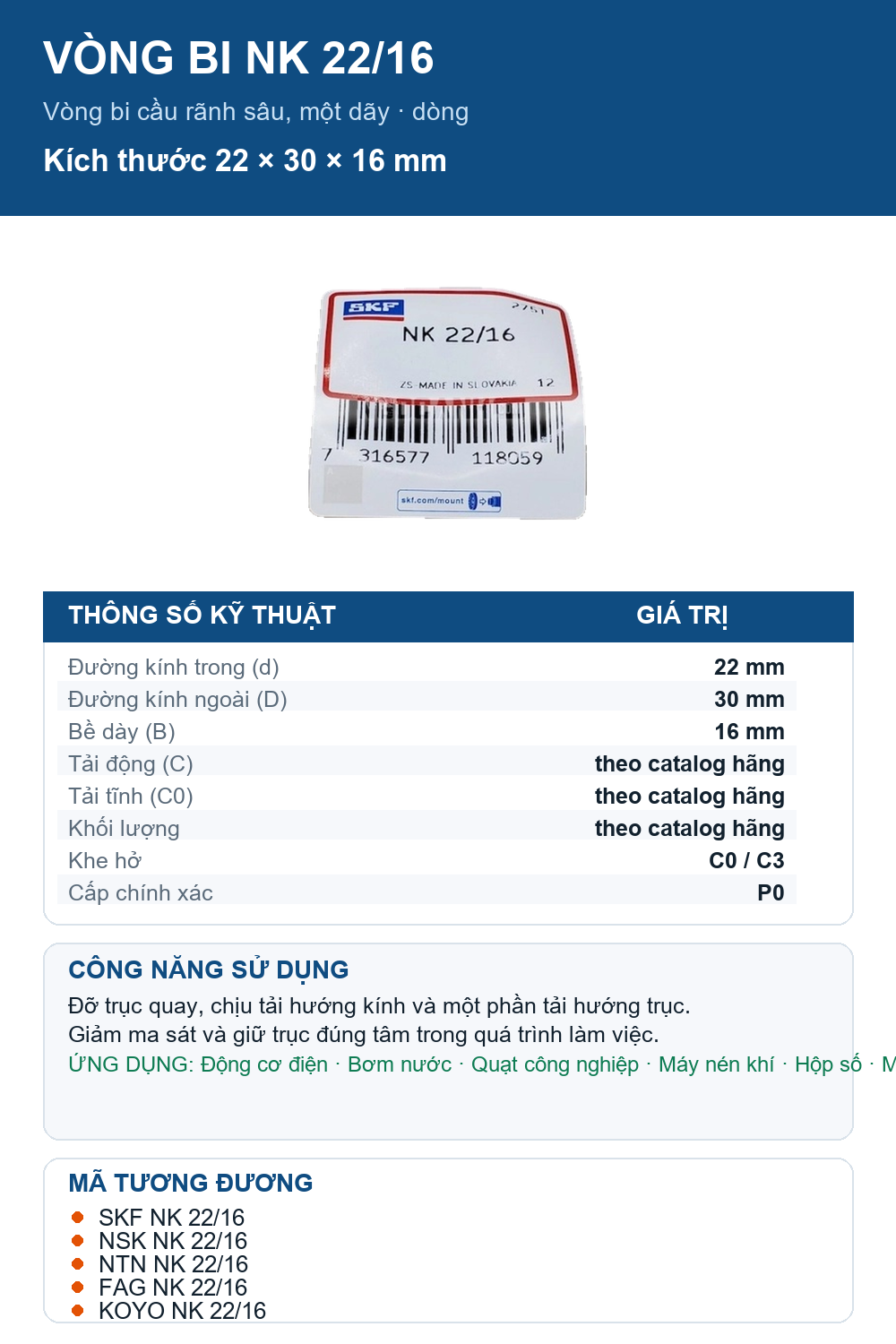 Vòng bi SKF NK 22/16 22x30x16mm — Ảnh thông số (Pinterest)
