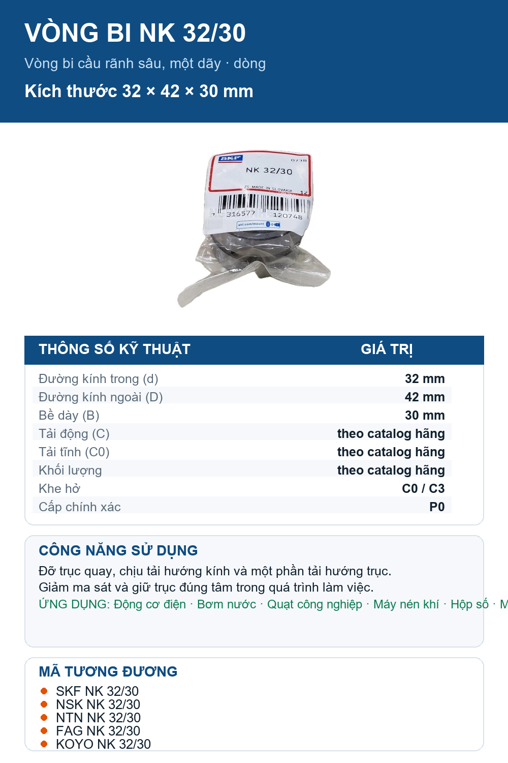 Vòng bi SKF NK 32/30 32x42x30mm — Ảnh thông số (Pinterest)