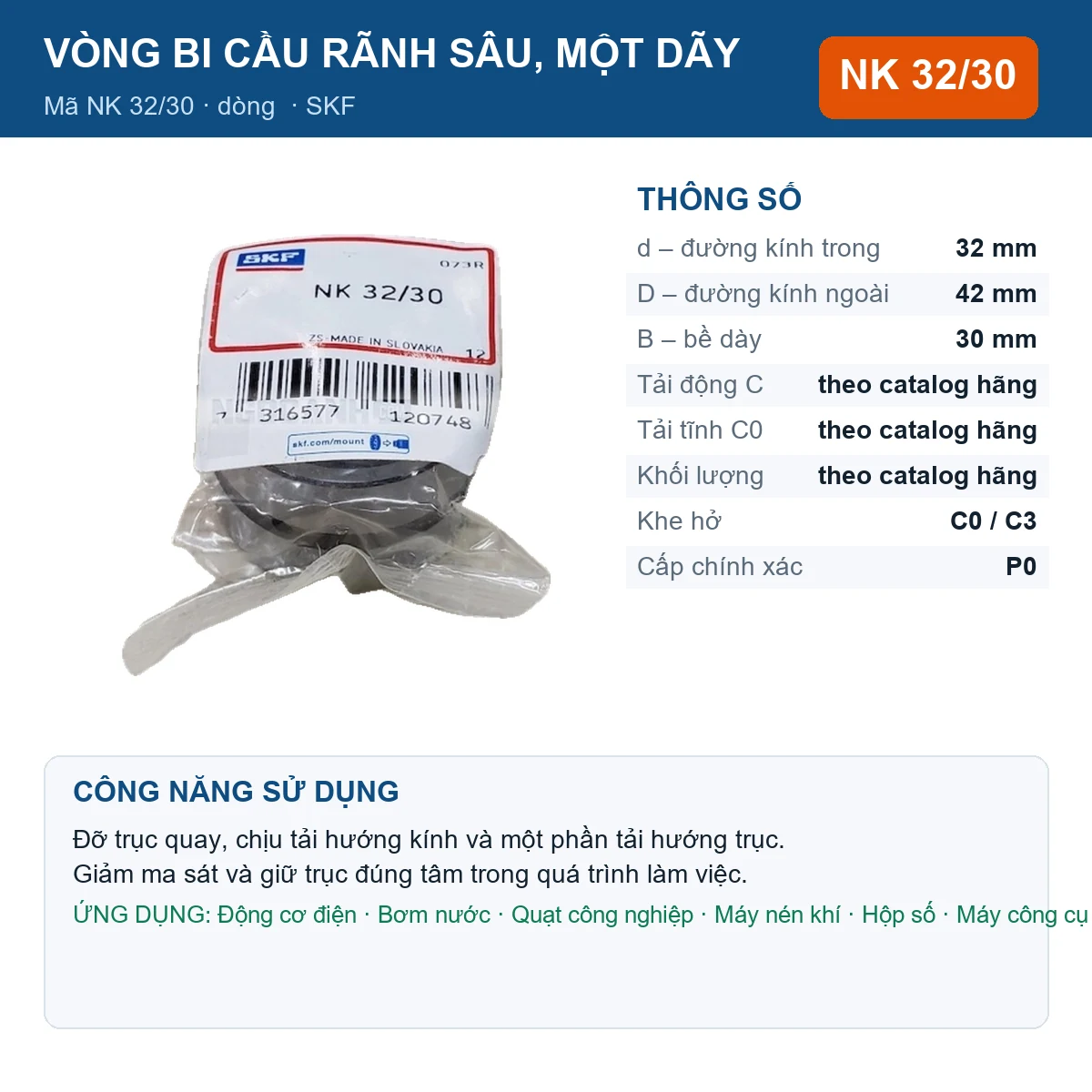 Vòng bi SKF NK 32/30 32x42x30mm — Ảnh đăng sản phẩm (web)