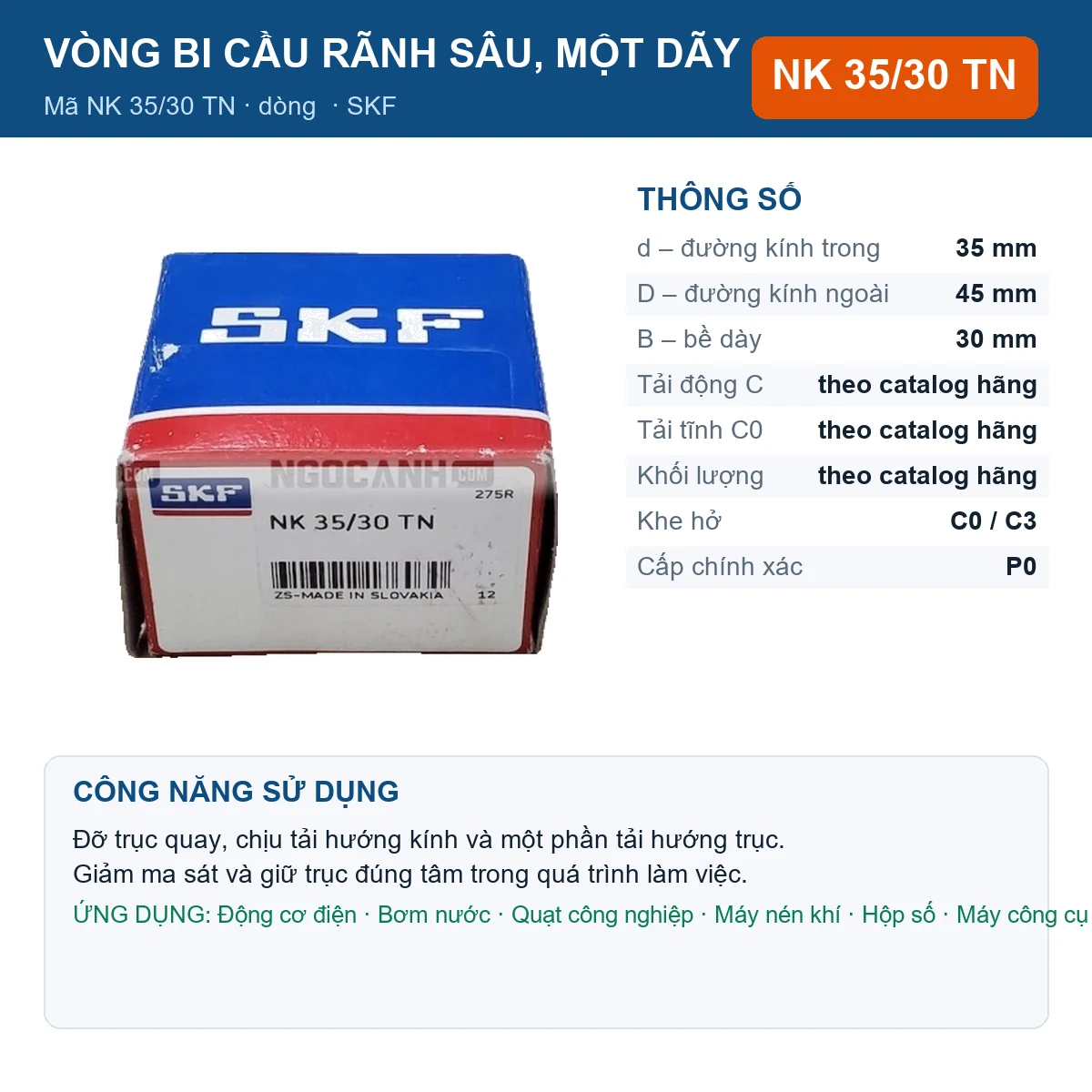 Vòng bi SKF NK 35/30 TN 35x45x30mm — Ảnh đăng sản phẩm (web)