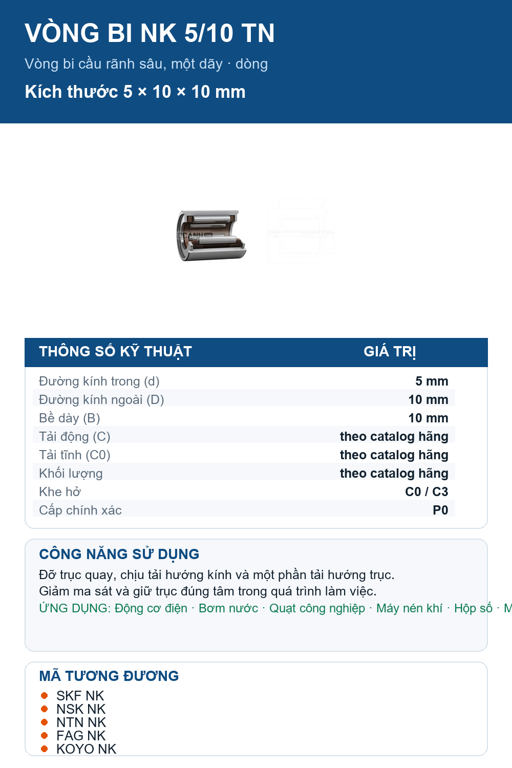 Vòng bi SKF NK 5/10 TN 5x10x10mm — Ảnh thông số (Pinterest)