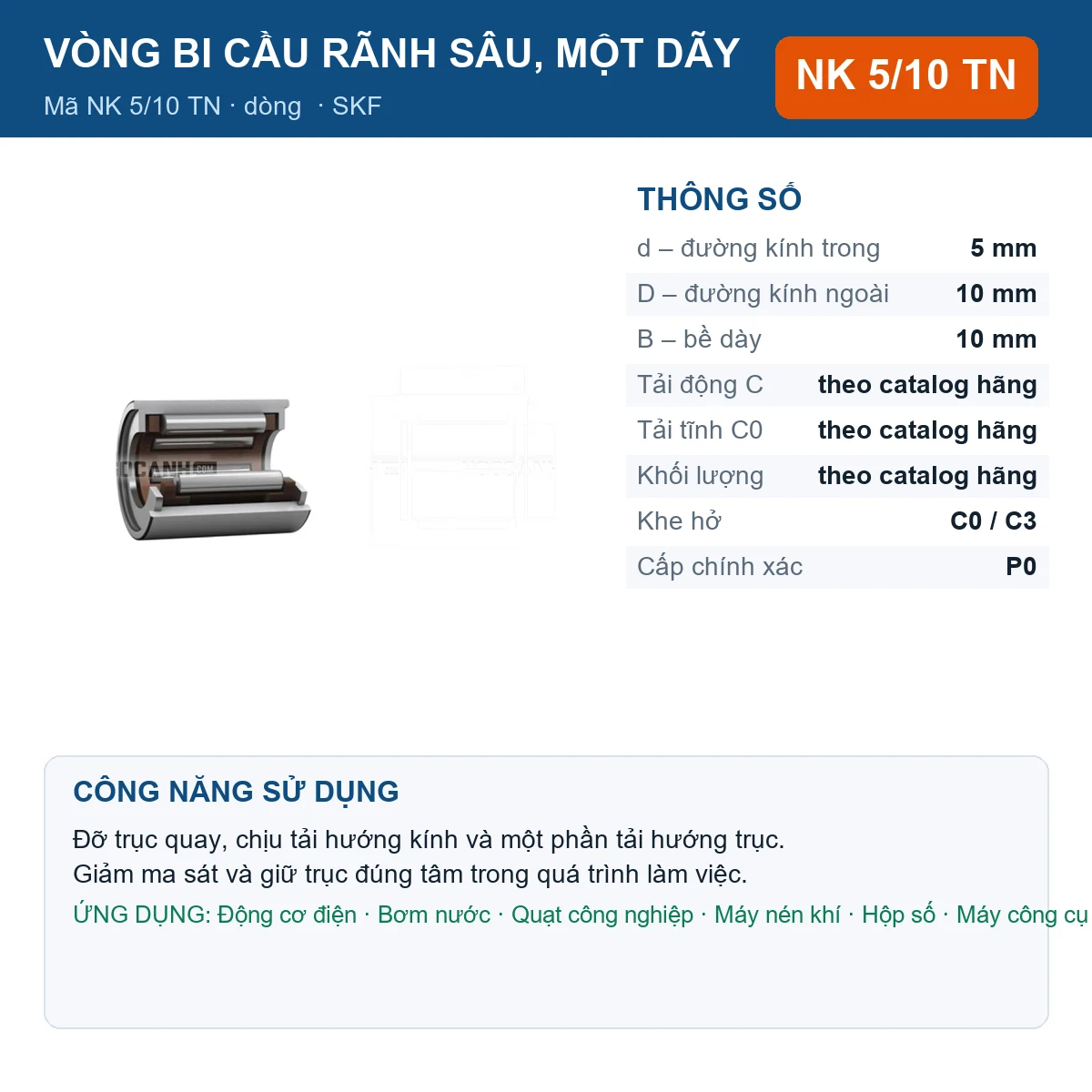 Vòng bi SKF NK 5/10 TN 5x10x10mm — Ảnh đăng sản phẩm (web)