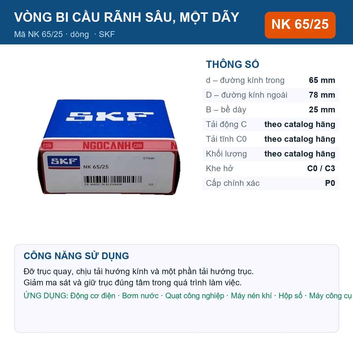 Vòng bi SKF NK 65/25 65x78x25mm — Ảnh đăng sản phẩm (web)