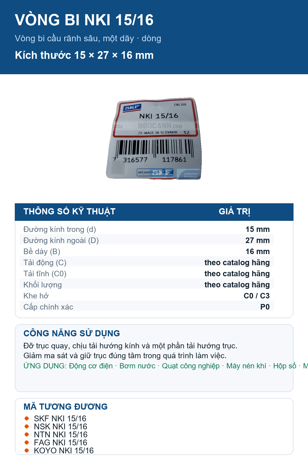 Vòng bi SKF NKI 15/16 15x27x16mm — Ảnh thông số (Pinterest)