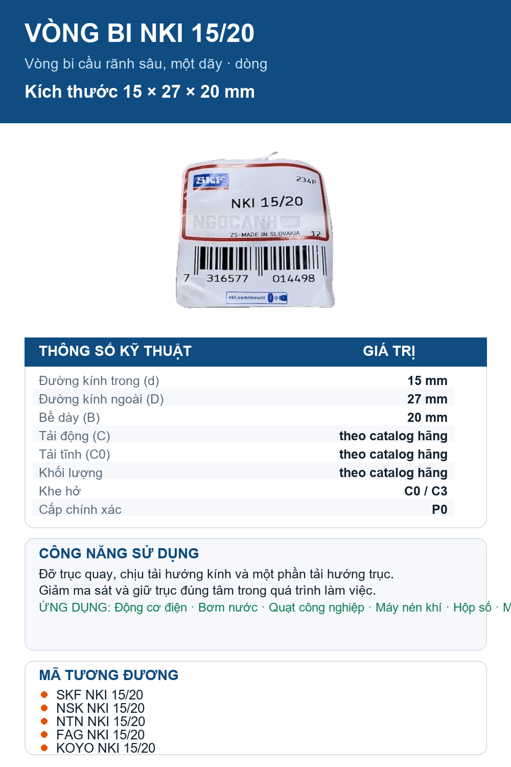 Vòng bi SKF NKI 15/20 15x27x20mm — Ảnh thông số (Pinterest)
