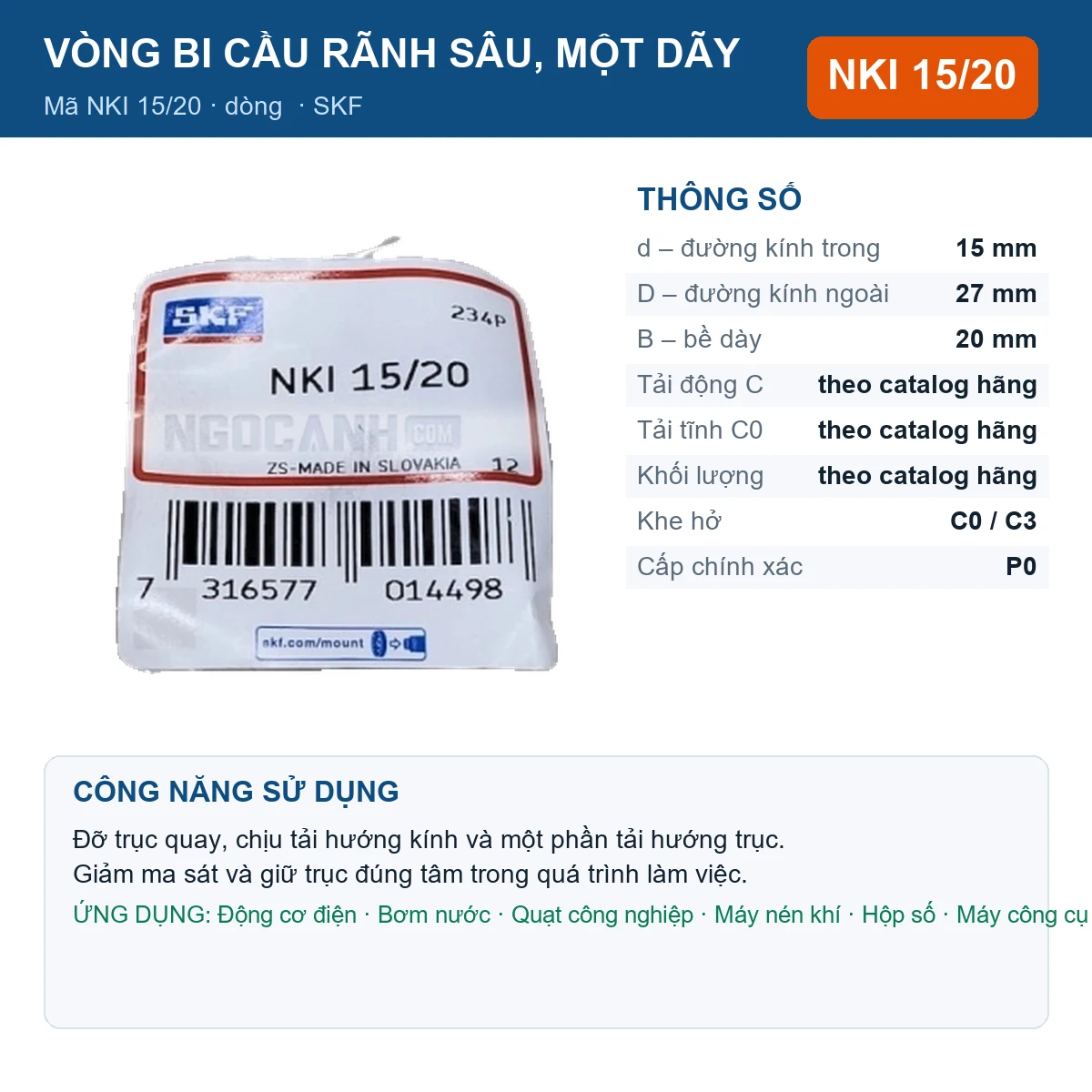 Vòng bi SKF NKI 15/20 15x27x20mm — Ảnh đăng sản phẩm (web)