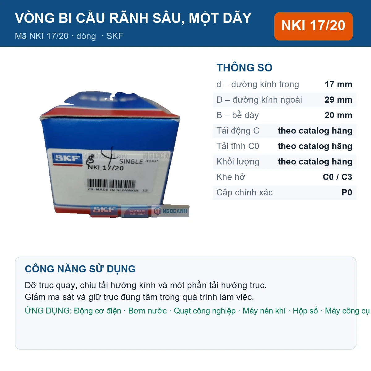 Vòng bi SKF NKI 17/20 17x29x20mm — Ảnh đăng sản phẩm (web)