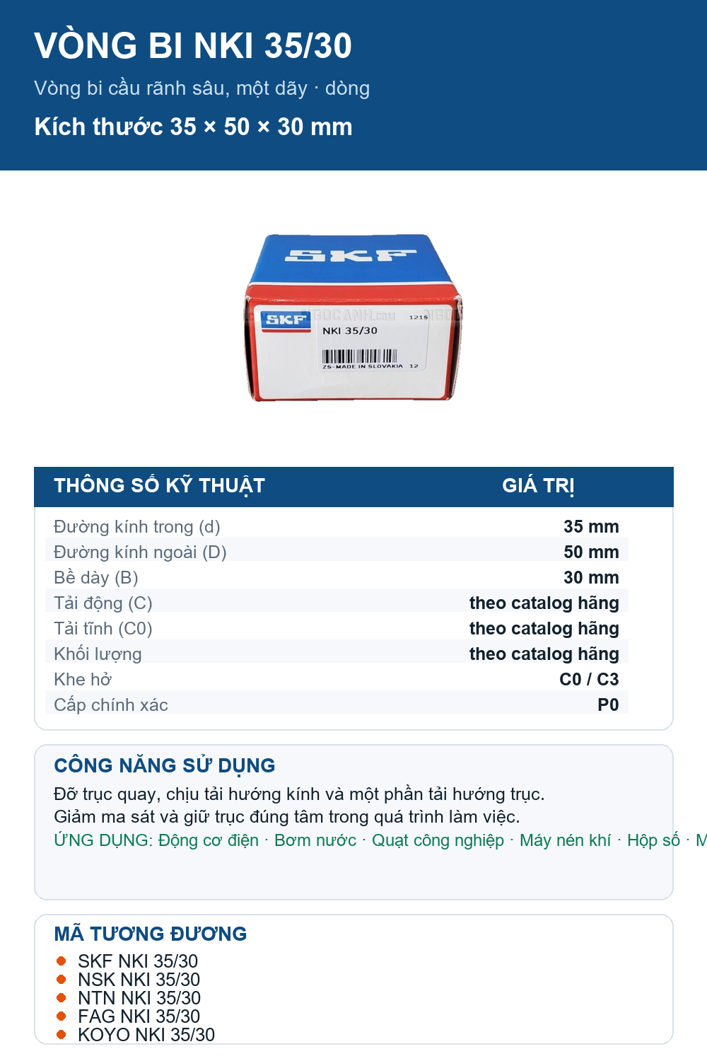 Vòng bi SKF NKI 35/30 35x50x30mm — Ảnh thông số (Pinterest)