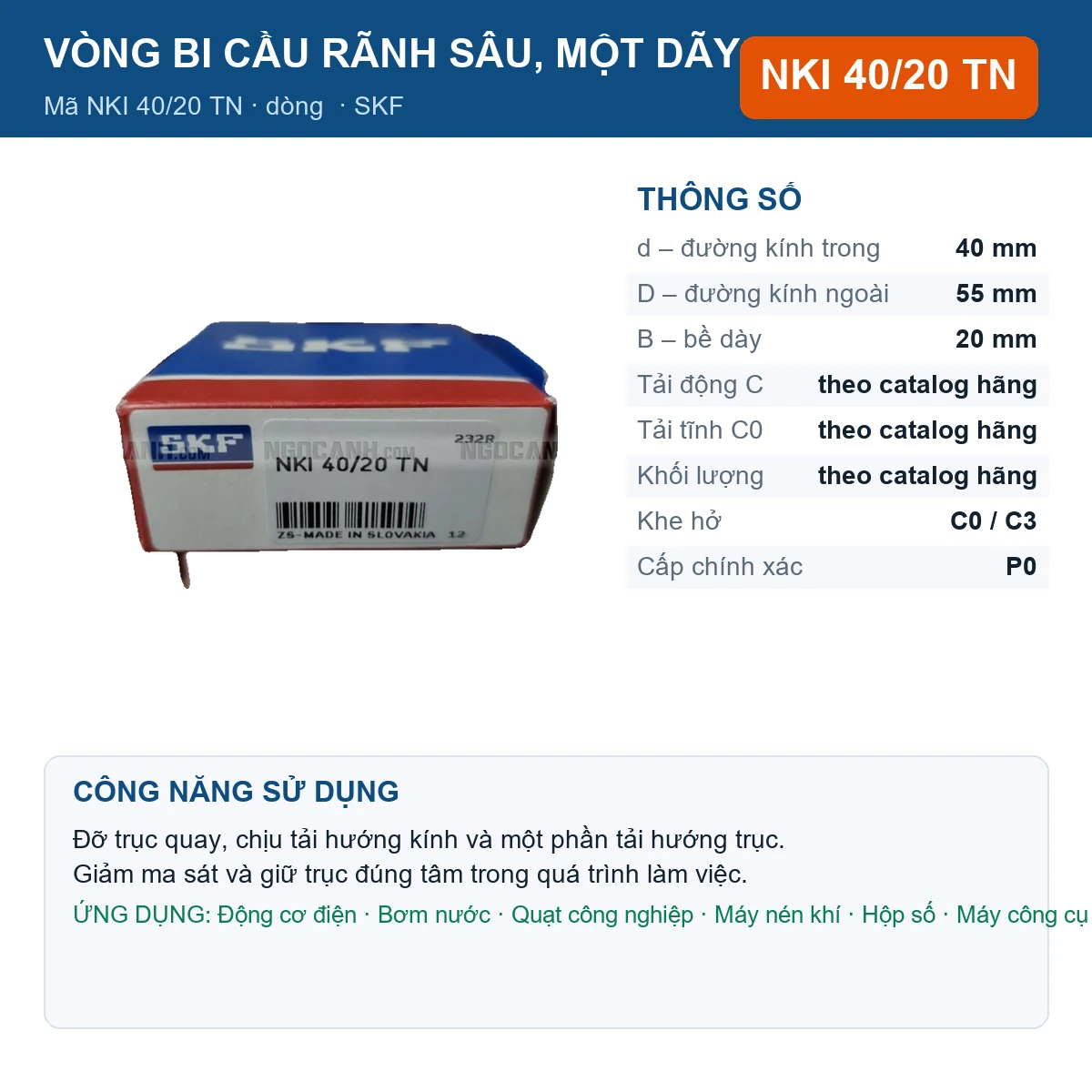 Vòng bi SKF NKI 40/20 TN 40x55x20mm — Ảnh đăng sản phẩm (web)