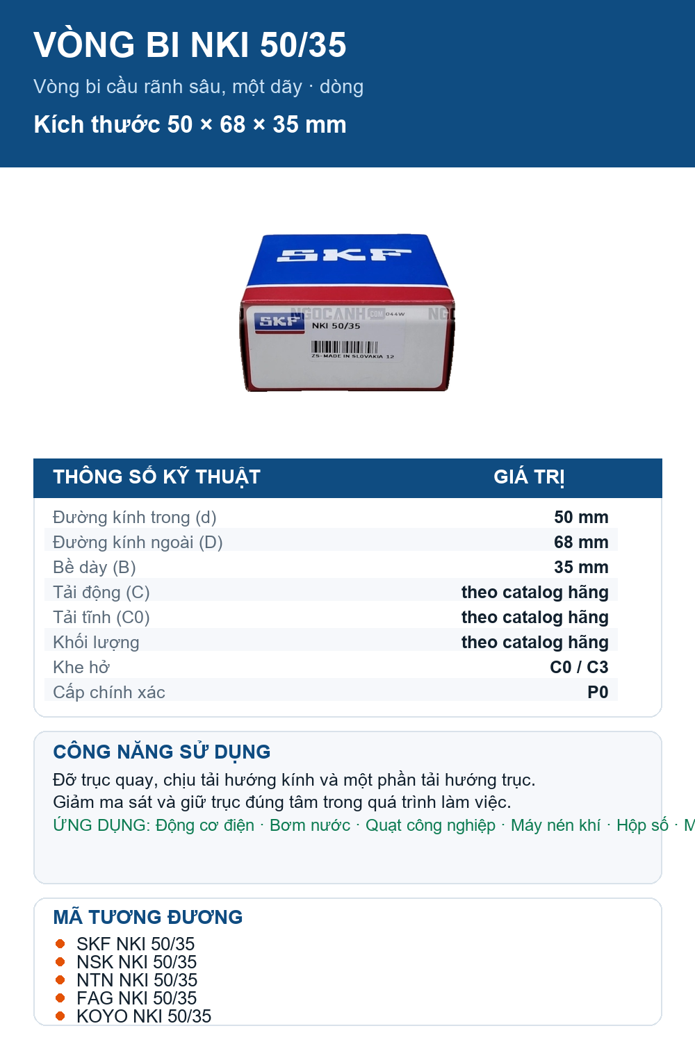 Vòng bi SKF NKI 50/35 50x68x35mm — Ảnh thông số (Pinterest)