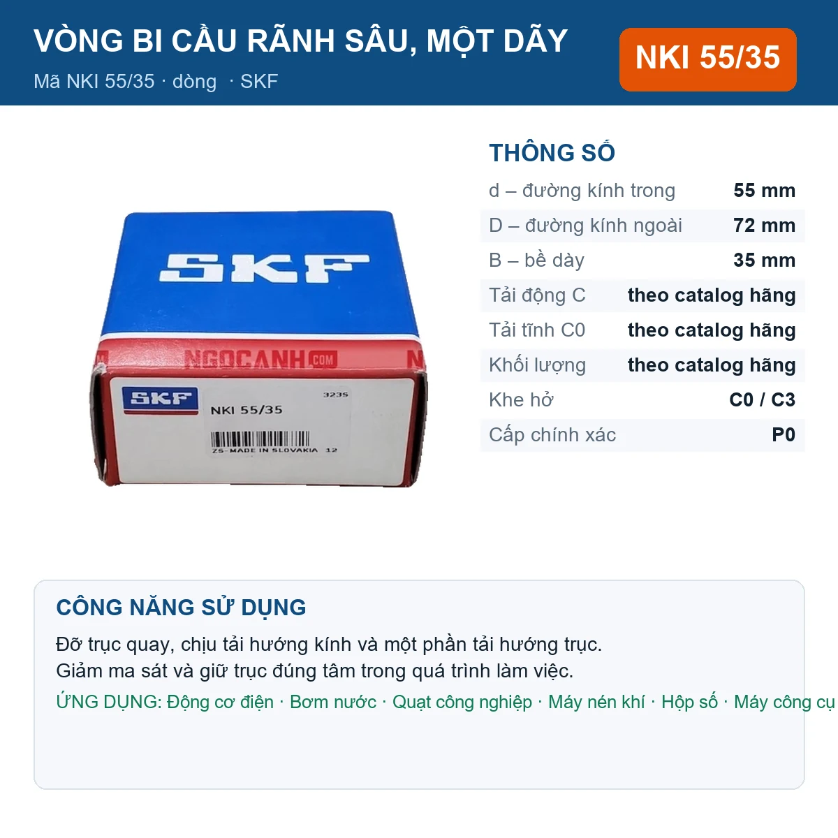 Vòng bi SKF NKI 55/35 55x72x35mm — Ảnh đăng sản phẩm (web)