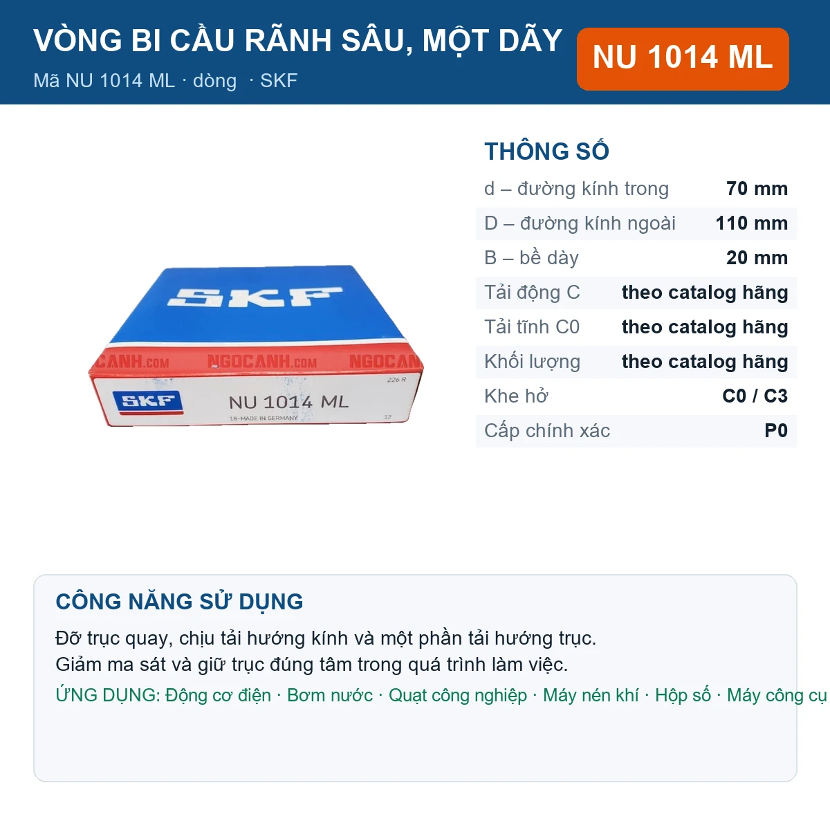 Vòng bi SKF NU 1014 ML 70x110x20mm — Ảnh đăng sản phẩm (web)