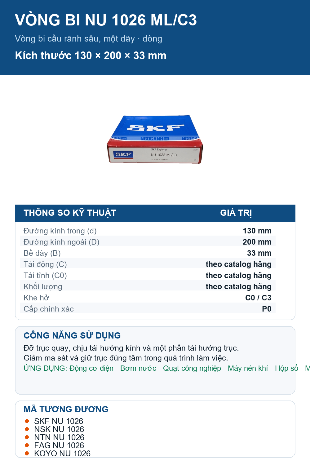 Vòng bi SKF NU 1026 ML/C3 130x200x33mm — Ảnh thông số (Pinterest)