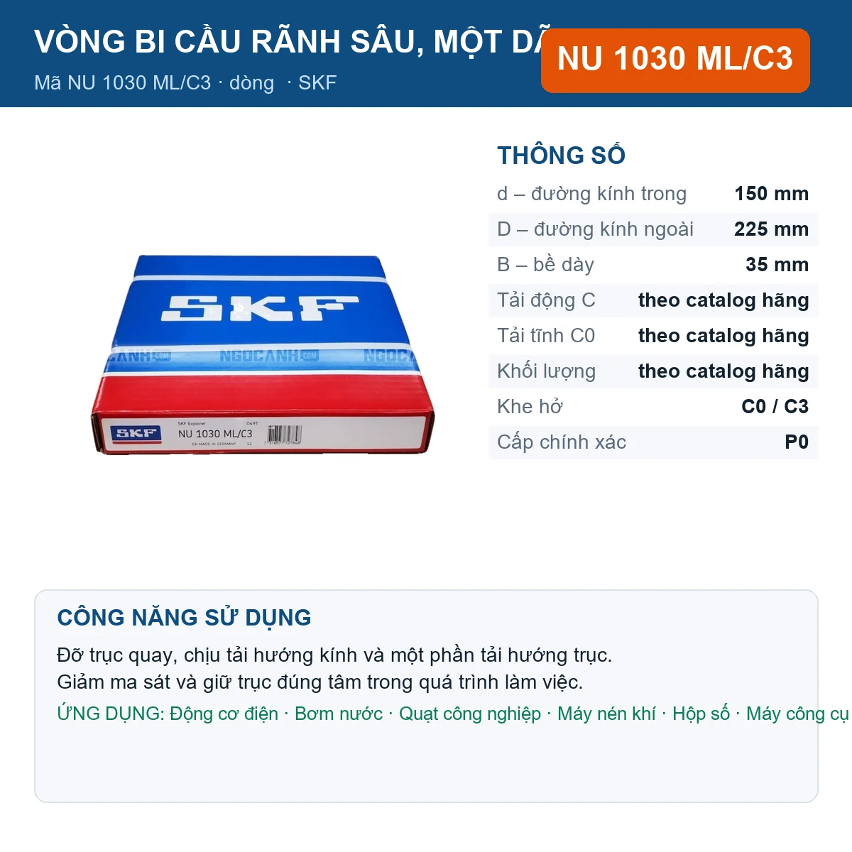 Vòng bi SKF NU 1030 ML/C3 150x225x35mm — Ảnh đăng sản phẩm (web)